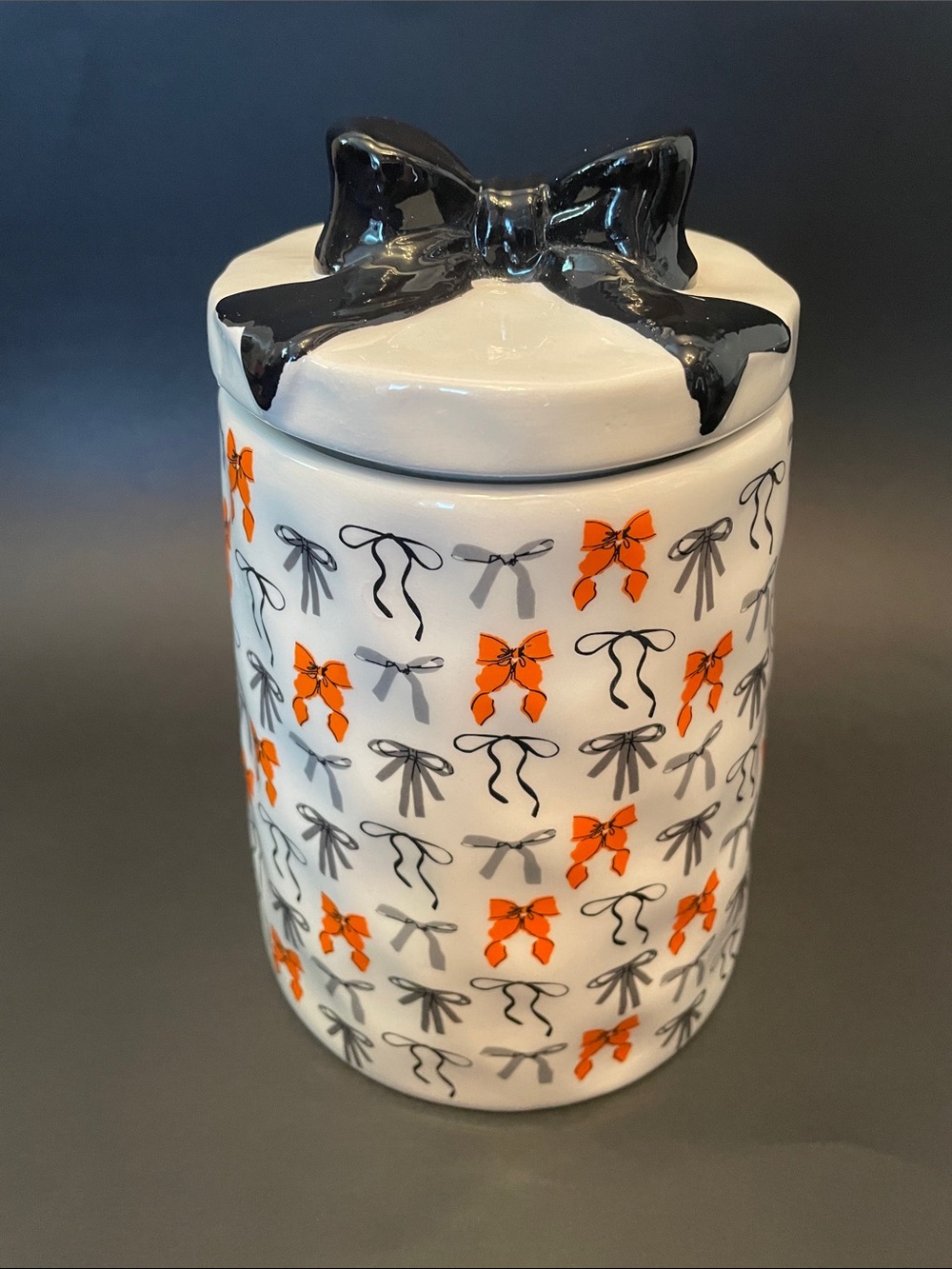 10 STRAWBERRY STREET Ceramic Bow Jar - Whimsical Fun Orange & Black Bow Pattern